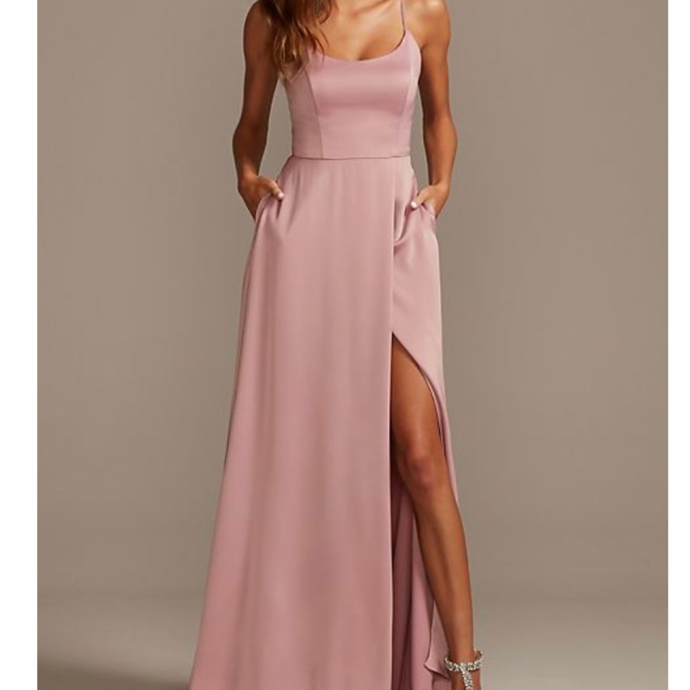 david’s bridal size 8 satin spaghetti strap dress color quartz STYLE# F20095